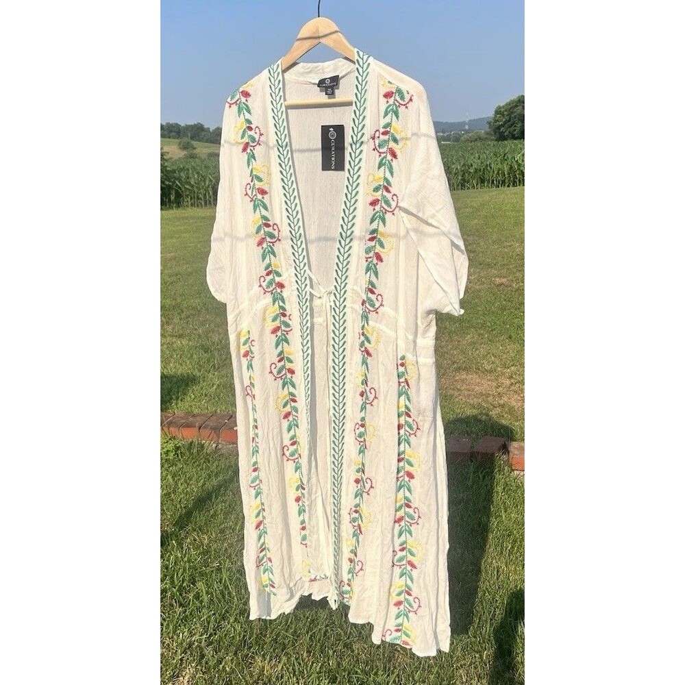 Curations Kimono Embroidered Viscose Duster Beach P3X White w/ Green/Red/Yellow